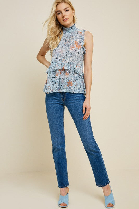 Floral Smock Neck Ruffle Top